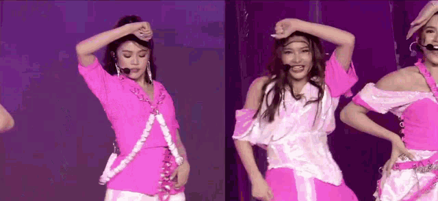 a group of women are dancing on a stage while wearing pink clothes .