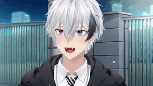 a boy with white hair and purple eyes is wearing a black jacket