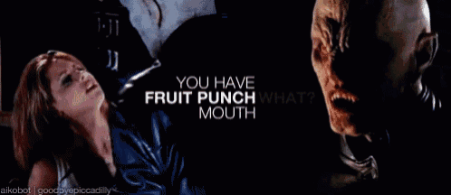 a woman is being attacked by a monster and the words " you have fruit punch what mouth " are on the screen