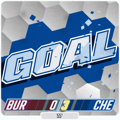 a blue and white graphic that says goal bur 03 che 55