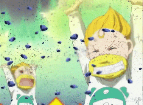 a cartoon character with yellow hair is surrounded by purple bugs