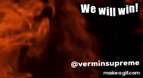 an animated image of a man with a beard and a hat says we will win