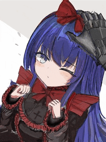 a girl with blue hair and a red bow is being touched by a person 's hand .