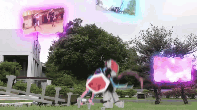 a robot with a red shield is standing in a field with trees and a building in the background