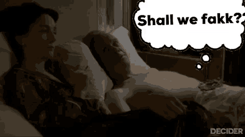 a man and a woman are laying in bed with a thought bubble that says `` shall we fake ? ''