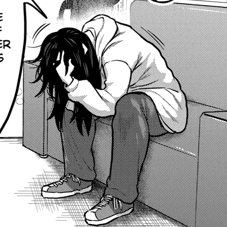 a black and white drawing of a person sitting on a couch with their head down