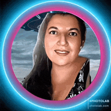 a picture of a woman in a pink and blue circle with #photolab