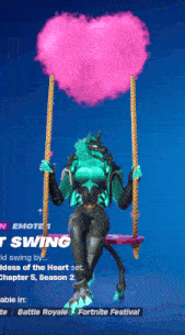 a video game character is sitting on a swing with a heart shaped cloud above her