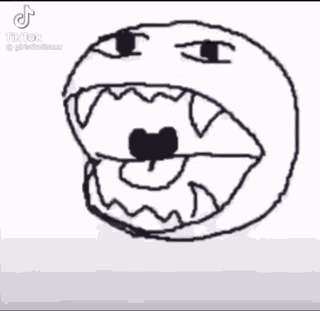 a black and white drawing of a smiley face with sharp teeth and a mouth open .