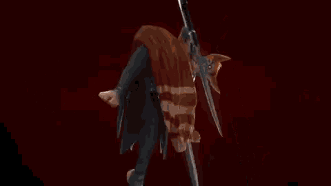 a video game character named taka is holding two swords in front of a sign that says taka formerly house kamuha