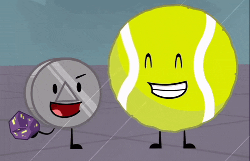 a cartoon drawing of a tennis ball and a coin