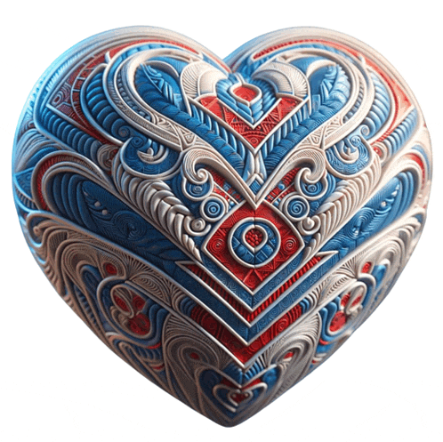 a red white and blue heart with a swirl pattern