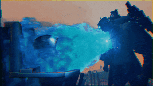 a blurry picture of a person holding a gun with a blue smoke coming out of it