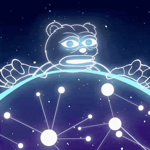 a cartoon drawing of a bear holding a globe in the night sky
