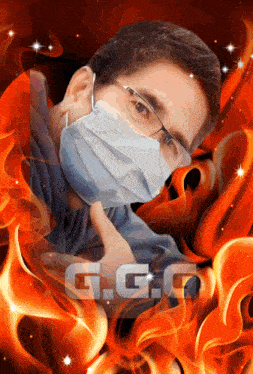 a man wearing a mask and glasses is surrounded by flames and the letters gg
