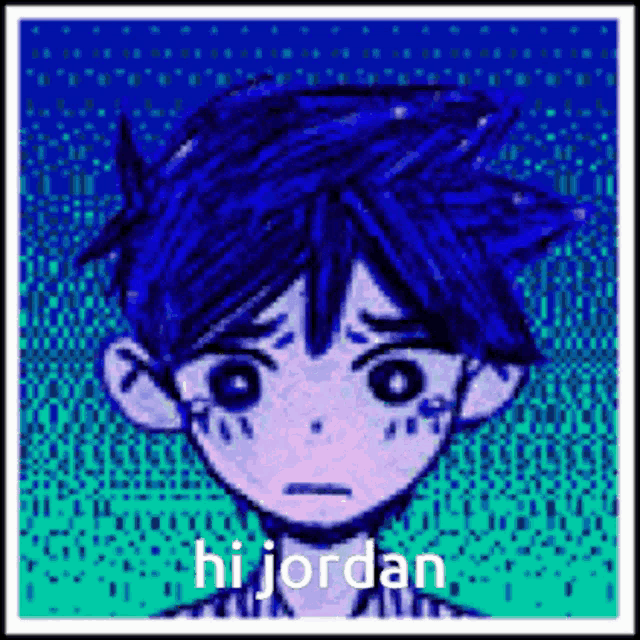 a pixel art of a boy with blue hair saying hi jordan