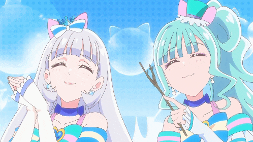 two anime girls with white hair and green hair are smiling