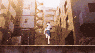 a girl in a white shirt and blue skirt is running through a maze of buildings