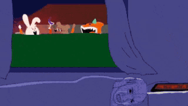 a cartoon of a person looking out a window at a rabbit and a cat laughing