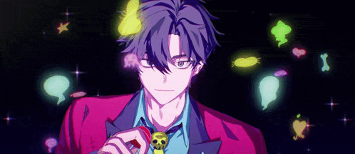 a man in a red suit and tie is holding a skull necklace .