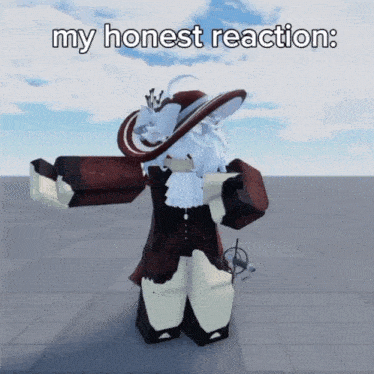 a cartoon character with a hat and a sword with the words my honest reaction