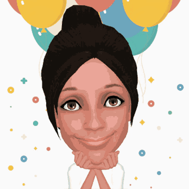 a cartoon drawing of a woman with balloons behind her head