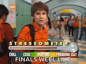 a boy is standing in a hallway with a thermometer that says " stressometer "