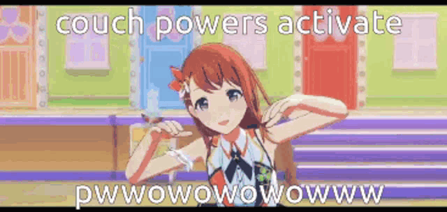 a pixel art of a girl with the words `` couch powers activate pwwowowowowww '' .