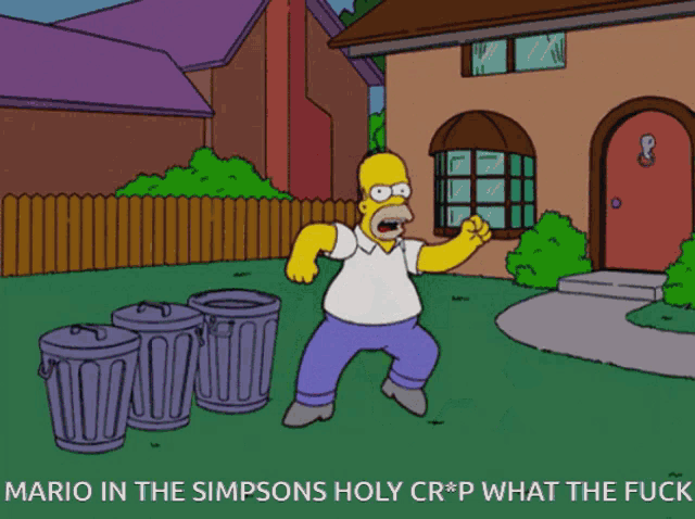a cartoon of homer simpson standing in front of garbage cans with the caption mario in the simpsons holy cr*p