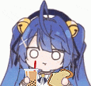 a cartoon girl with blue hair is drinking a bubble tea and eating a piece of bread .
