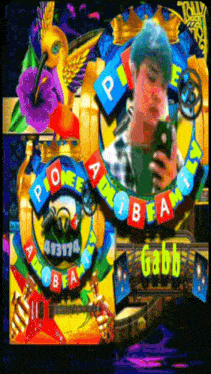 a colorful poster with a man holding a cell phone and the words gabb