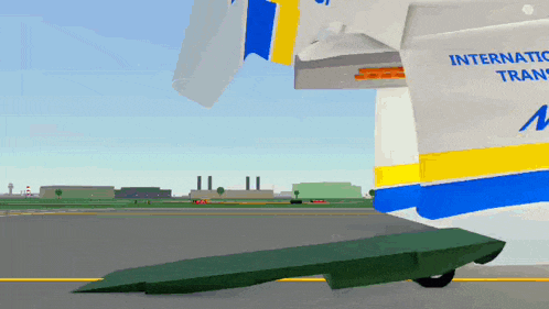 a blue and yellow airplane with the word international transport on the side