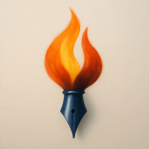 a drawing of a fountain pen with a flame on it