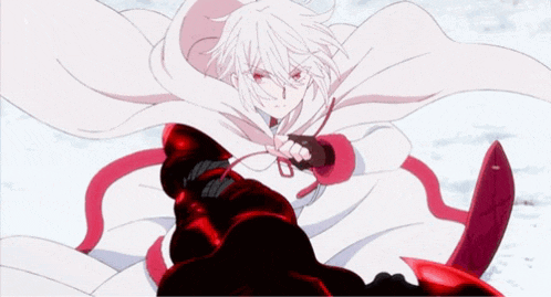 a white haired anime character with red eyes is holding a red object in his hand .