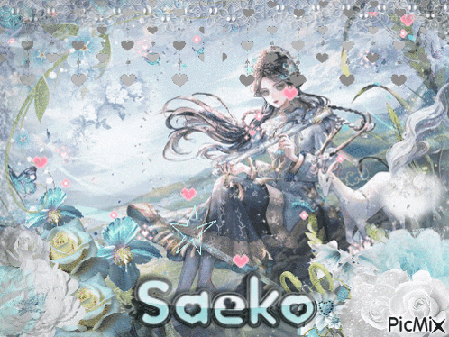 a picture of a woman with the name saeko on it