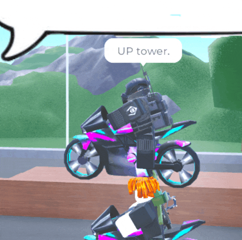 a cartoon character is riding a motorcycle and says up tower