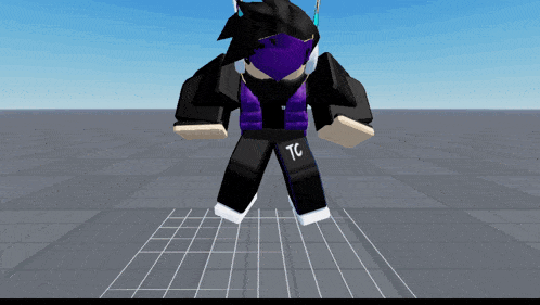 a 3d model of a roblox character with a purple mask and the letters tg on his pants