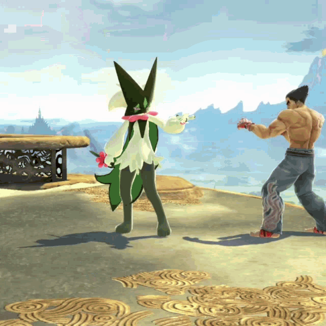 a video game character with a green and white feathered hat