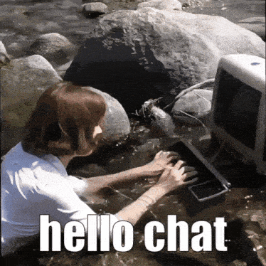 a woman is sitting in the water using a computer and the words hello chat are on the bottom