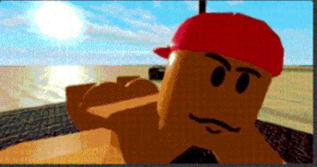 a roblox character wearing a red hat is standing in a pool .