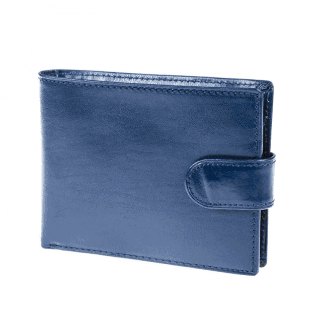 a blue wallet with a button on the side