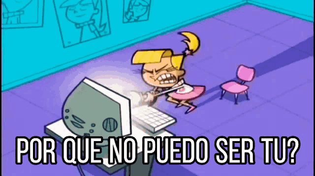 a cartoon of a girl sitting in front of a computer with the words por que no puedo ser tu below her
