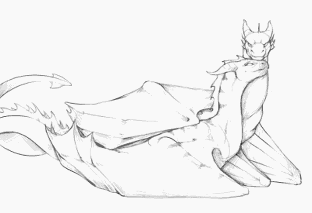 a black and white drawing of a dragon with wings spread