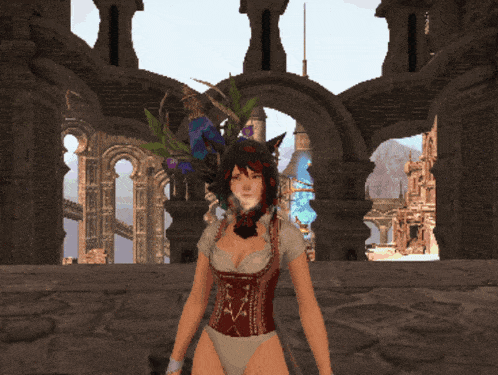 a woman wearing a red corset and white underwear
