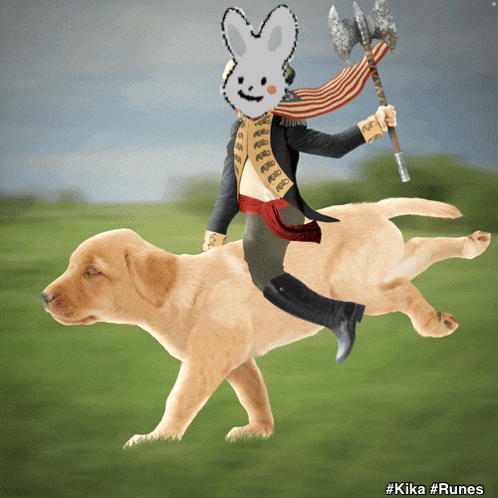 a cartoon of a man riding a dog with a rabbit on his head