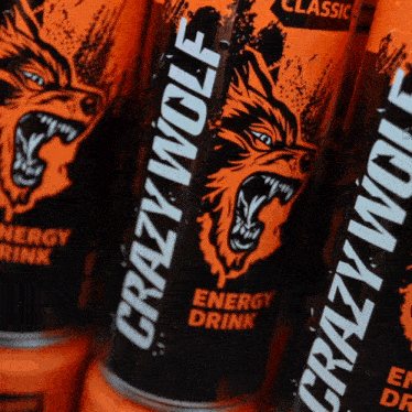 several cans of crazy wolf energy drink are lined up