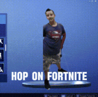 a boy is standing on a platform with the words hop on fortnite