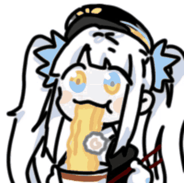 a drawing of a girl with white hair eating noodles