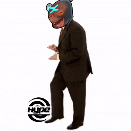a man in a suit has a mask on his head and the word hype is on the bottom