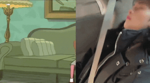 a cartoon drawing of a couch next to a picture of a person wearing a black jacket